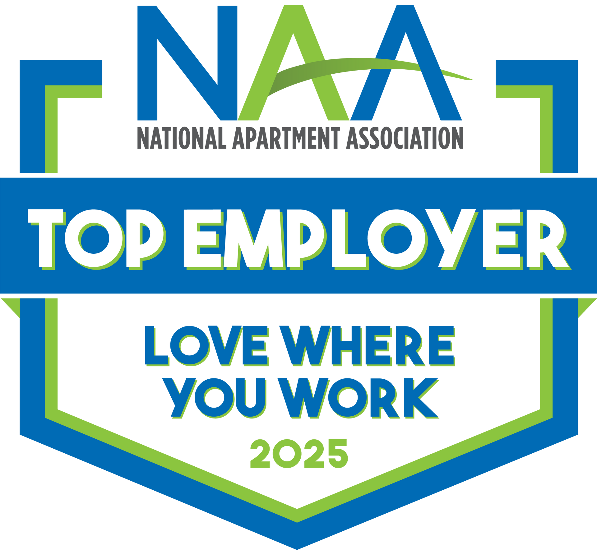 The logo for the national apartment association says `` top employer love where you work ''.