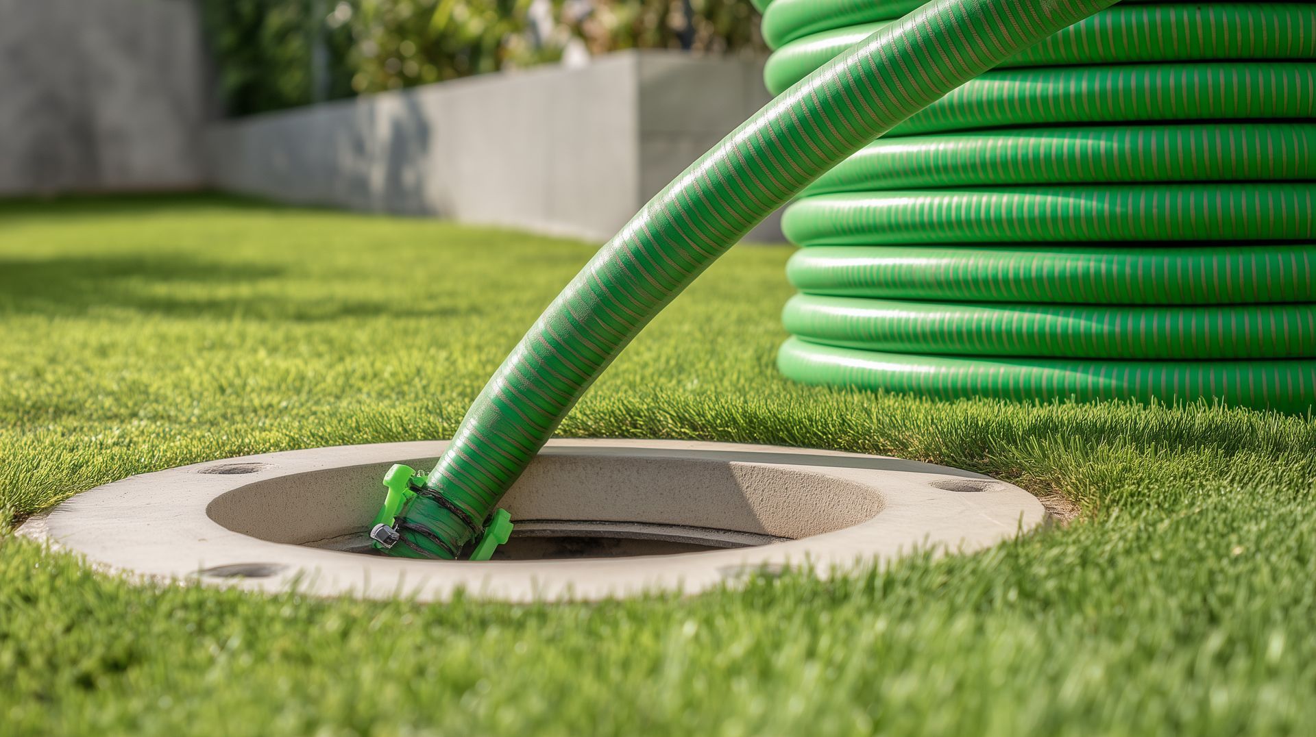 Pumping out sewage from a septic tank. Septic system maintenance service on a residential septic tank