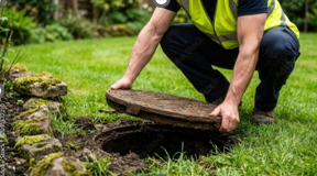 Technician lifting a septic tank lid during septic system maintenance