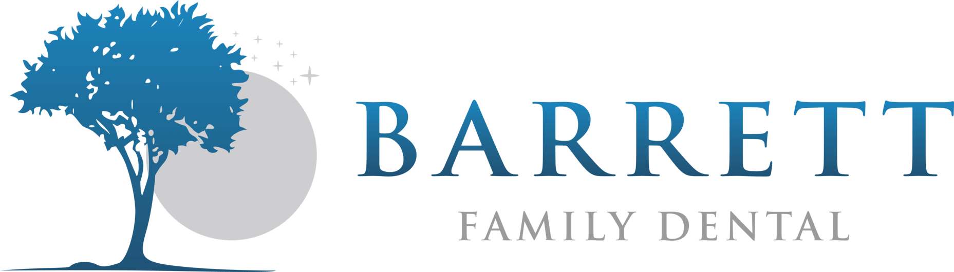 A logo for barrett family dental with a tree in the middle