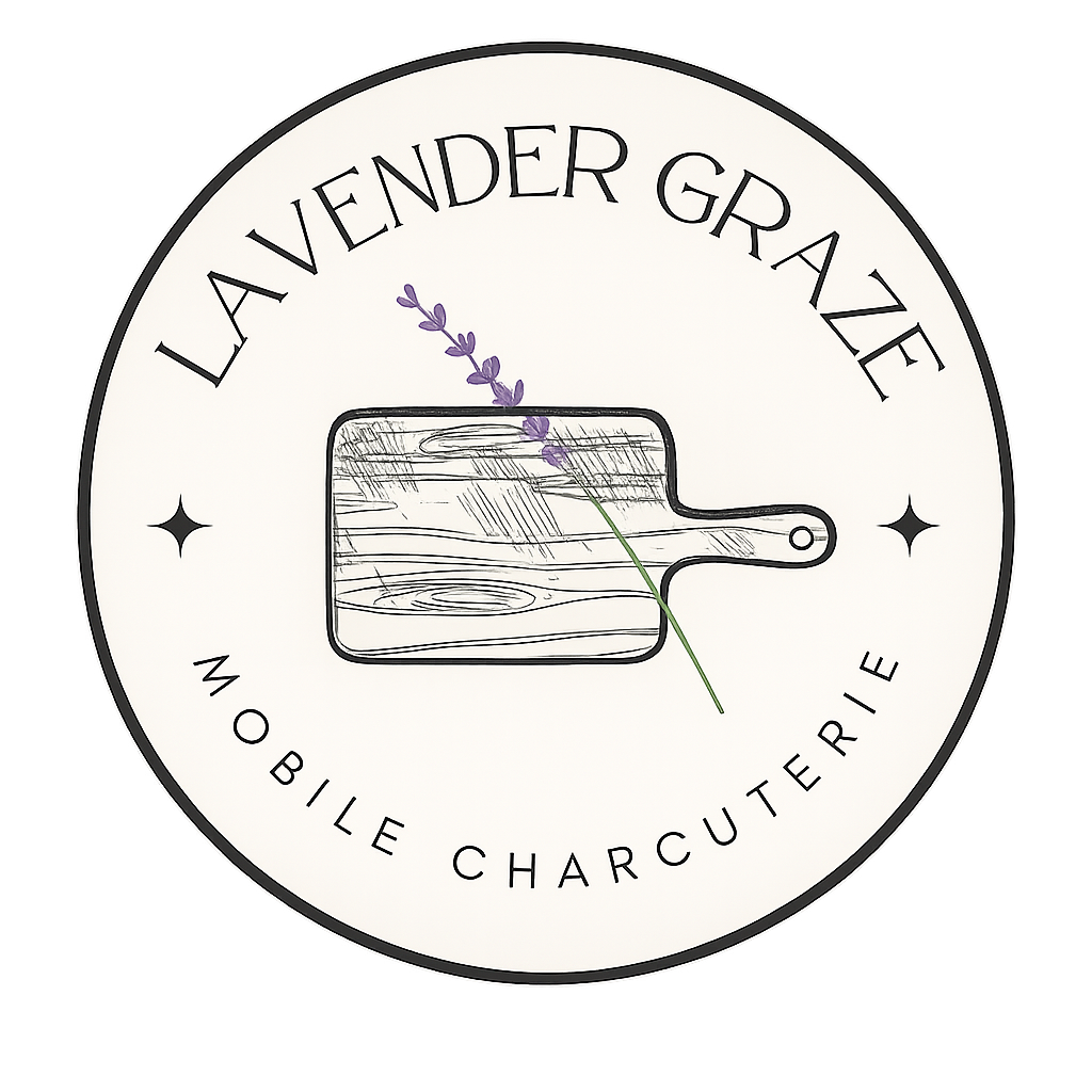 Lavender Graze mobile charcuterie logo with a wooden board and lavender sprig