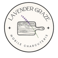 Lavender Graze mobile charcuterie logo with a wooden board and lavender sprig