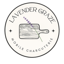 Lavender Graze mobile charcuterie logo with a wooden board and lavender sprig