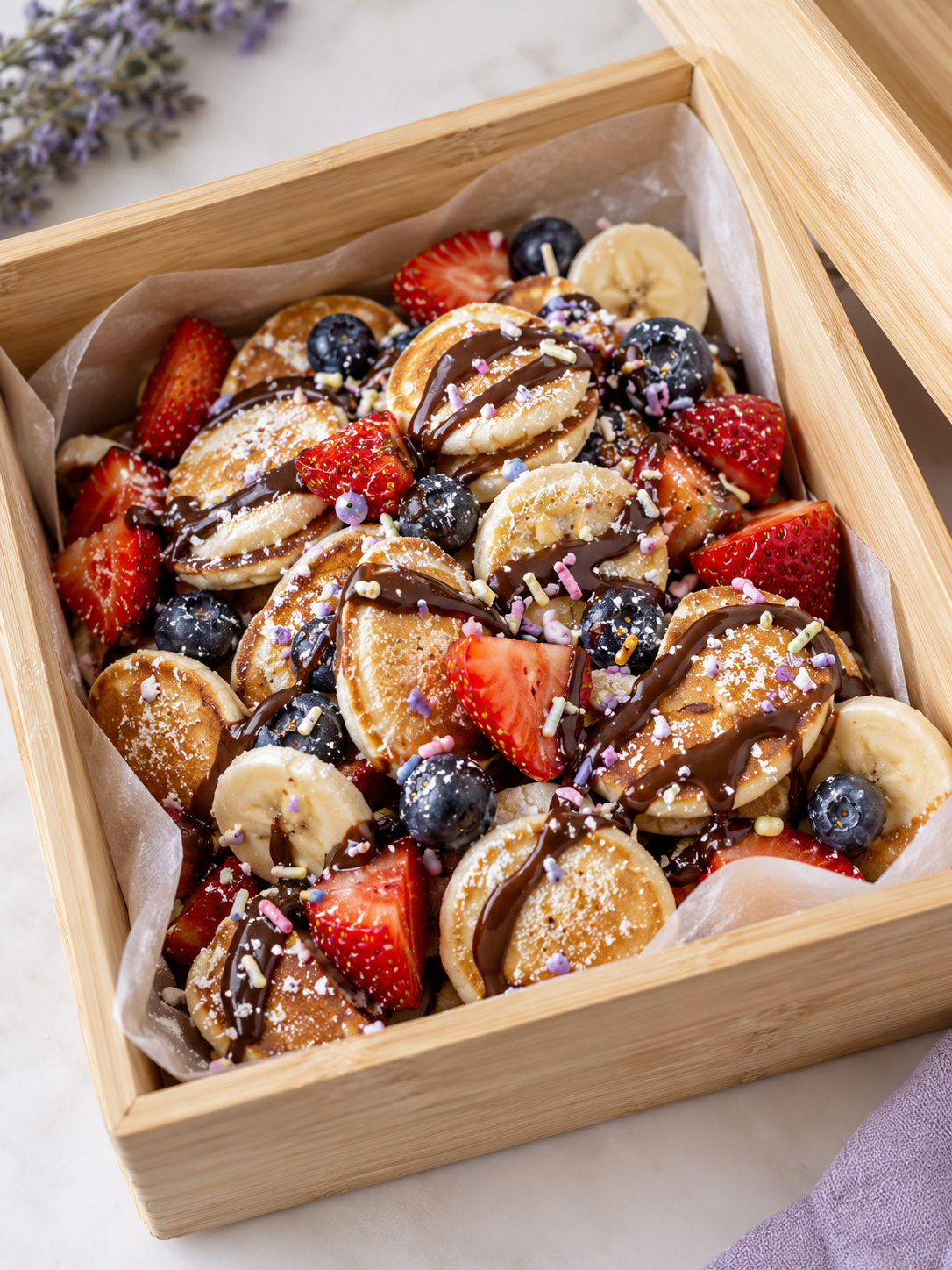 Mini wooden tray of pancakes topped with strawberries, bananas, blueberries, and powdered sugar