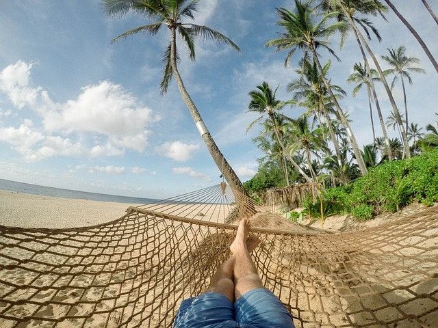 Person relaxing in a hammock on a sandy beach with palm trees and ocean views.