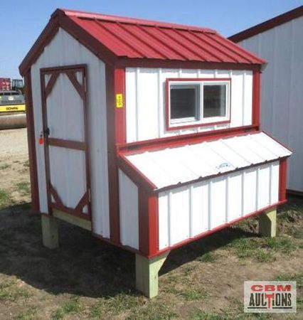 A small red and white shed with a cbm auction sticker on it