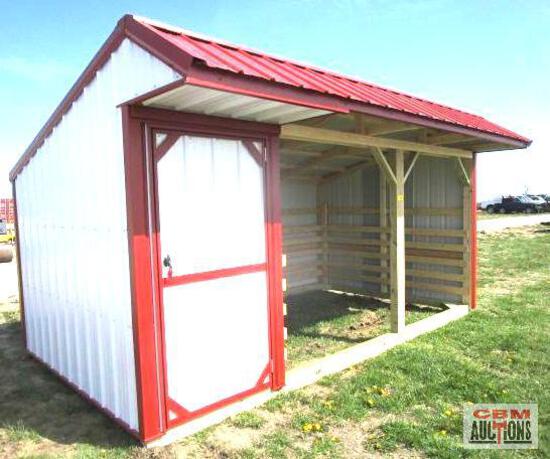 A white and red shed with a red roof