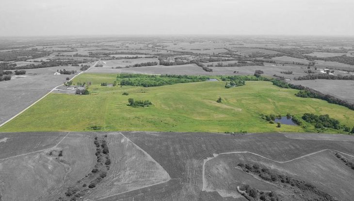 An aerial view of a large green field surrounded by trees.