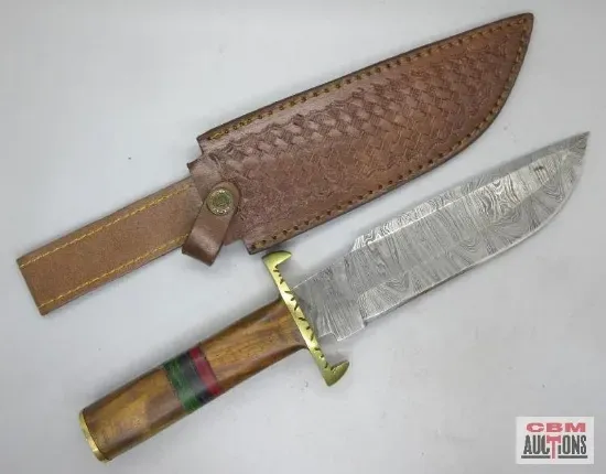 Damascus steel knife with wooden handle and leather sheath.
