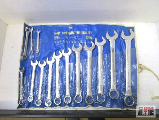 A bunch of wrenches are lined up in a blue case
