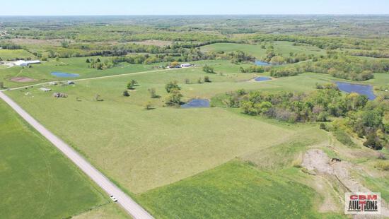 An aerial view of a lush green field with trees and a road.