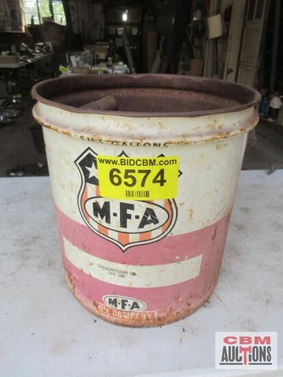 A pink and white bucket with the number 6574 on it