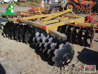 A tractor is parked next to a disc plow