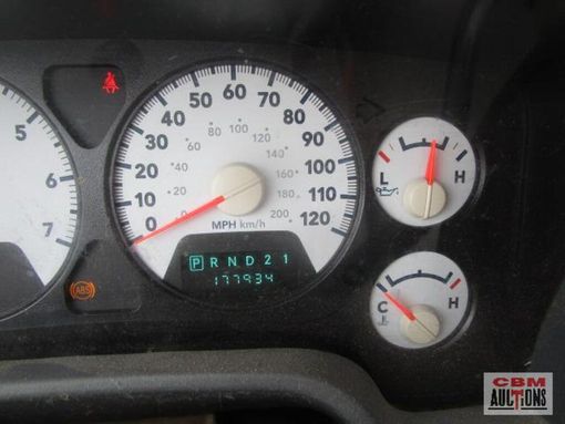 A close up of a speedometer with a cbm auction logo in the corner