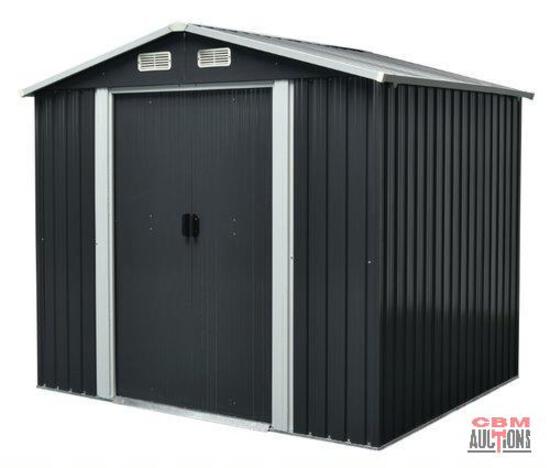 A black metal shed with a white trim is for sale