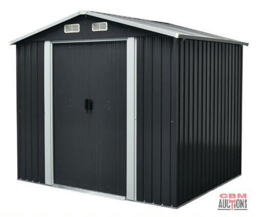 A black metal shed with a white trim is for sale