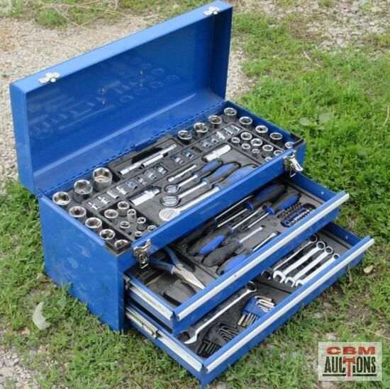 A blue toolbox with crm auctions written on the bottom