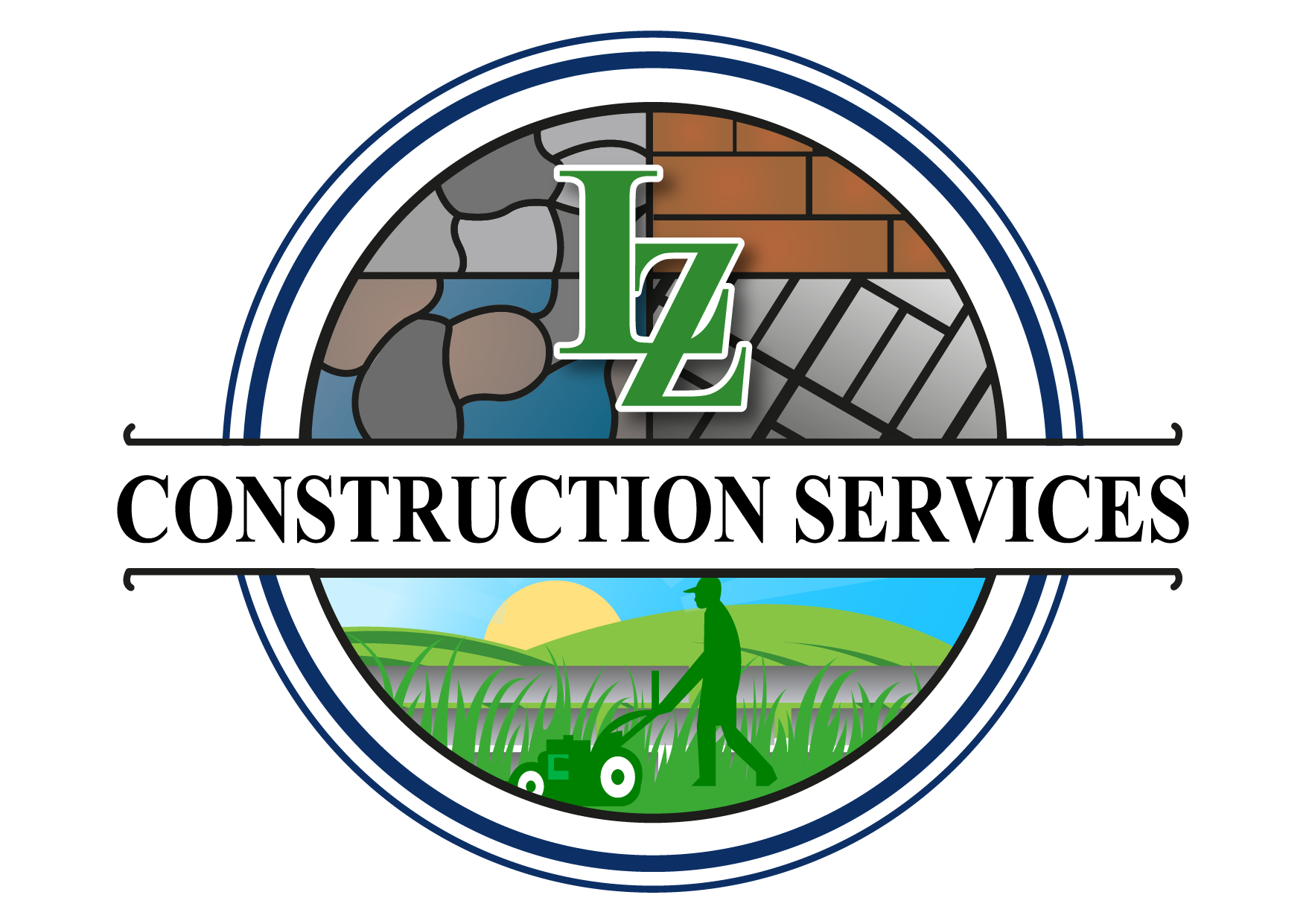 Logo for LZ Construction Services: Circle with stylized letters, brick, stone, and lawn care scene.