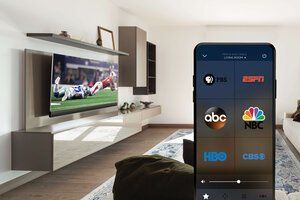 Smart TV streaming sports and channels beside a phone showing a channel-selection app