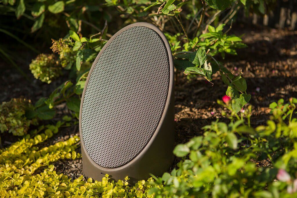 Oval black outdoor speaker among green plants and flowers in a garden