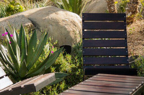Modern patio chairs beside a succulent plant and large rock in a sunny garden