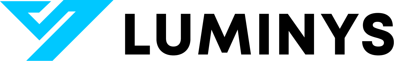 Luminys logo in black text with a blue geometric icon on a white background