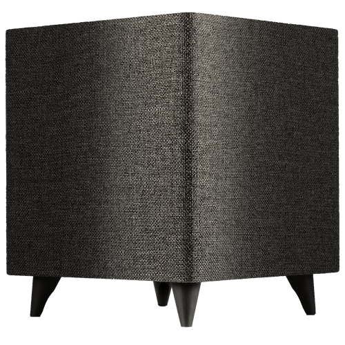 Dark gray fabric cube ottoman with four black legs on a white background