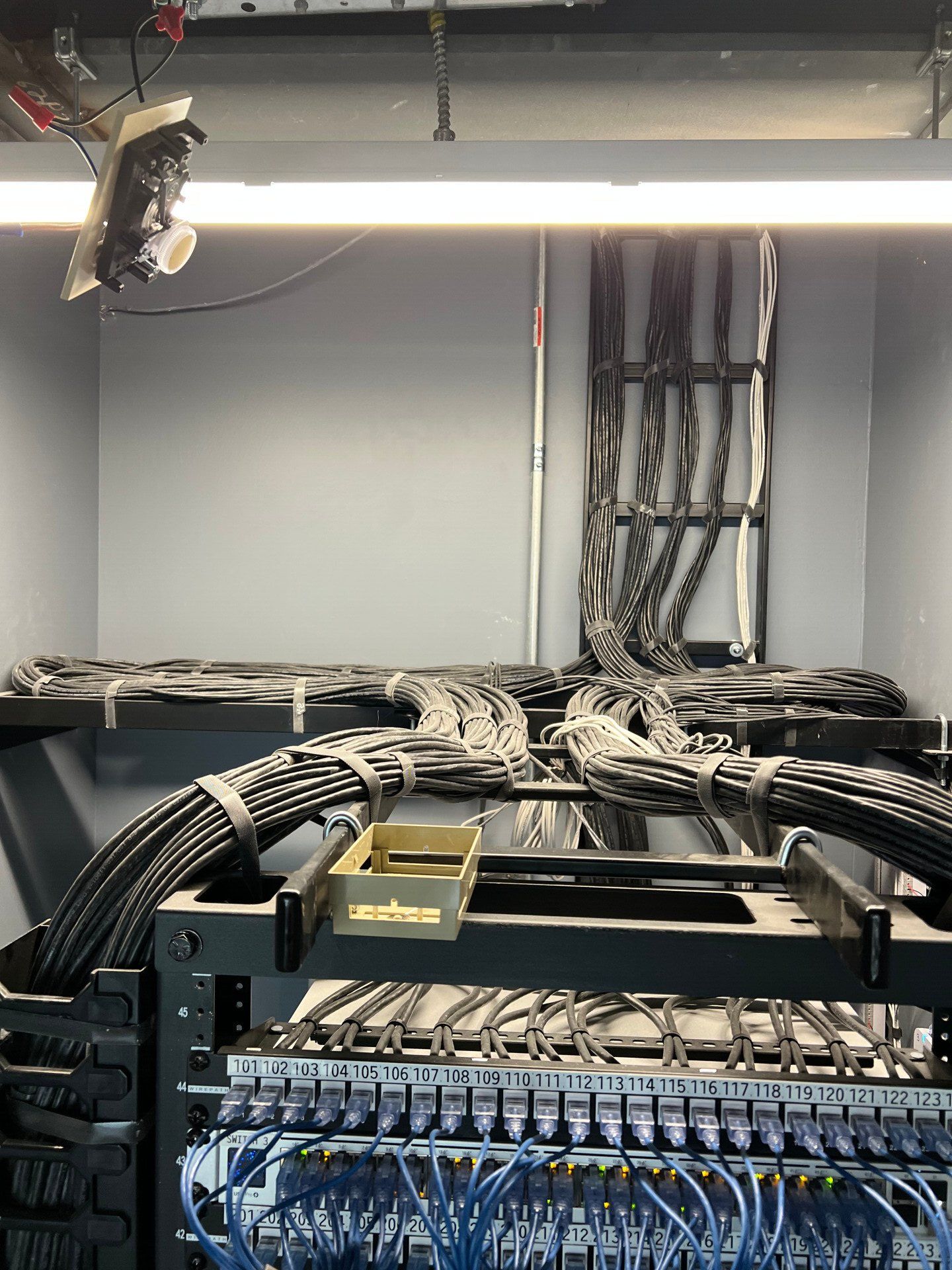 Network rack with organized cables and patch panels in a utility room under a fluorescent light