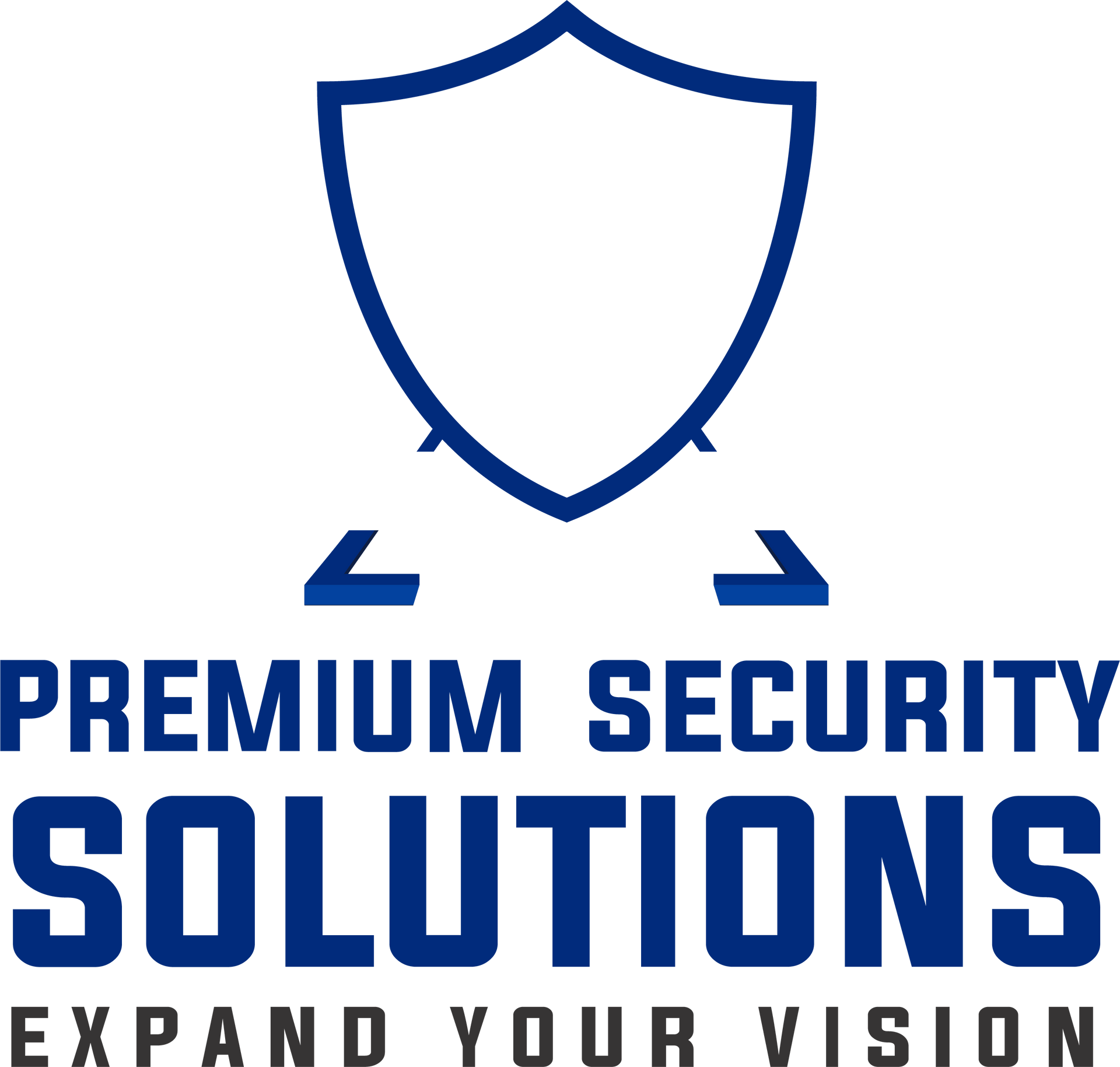 Blue shield logo with “Premium Security Solutions” and tagline “Expand Your Vision”
