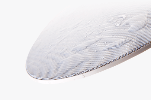 Close-up of a white mesh sneaker toe on a plain white background