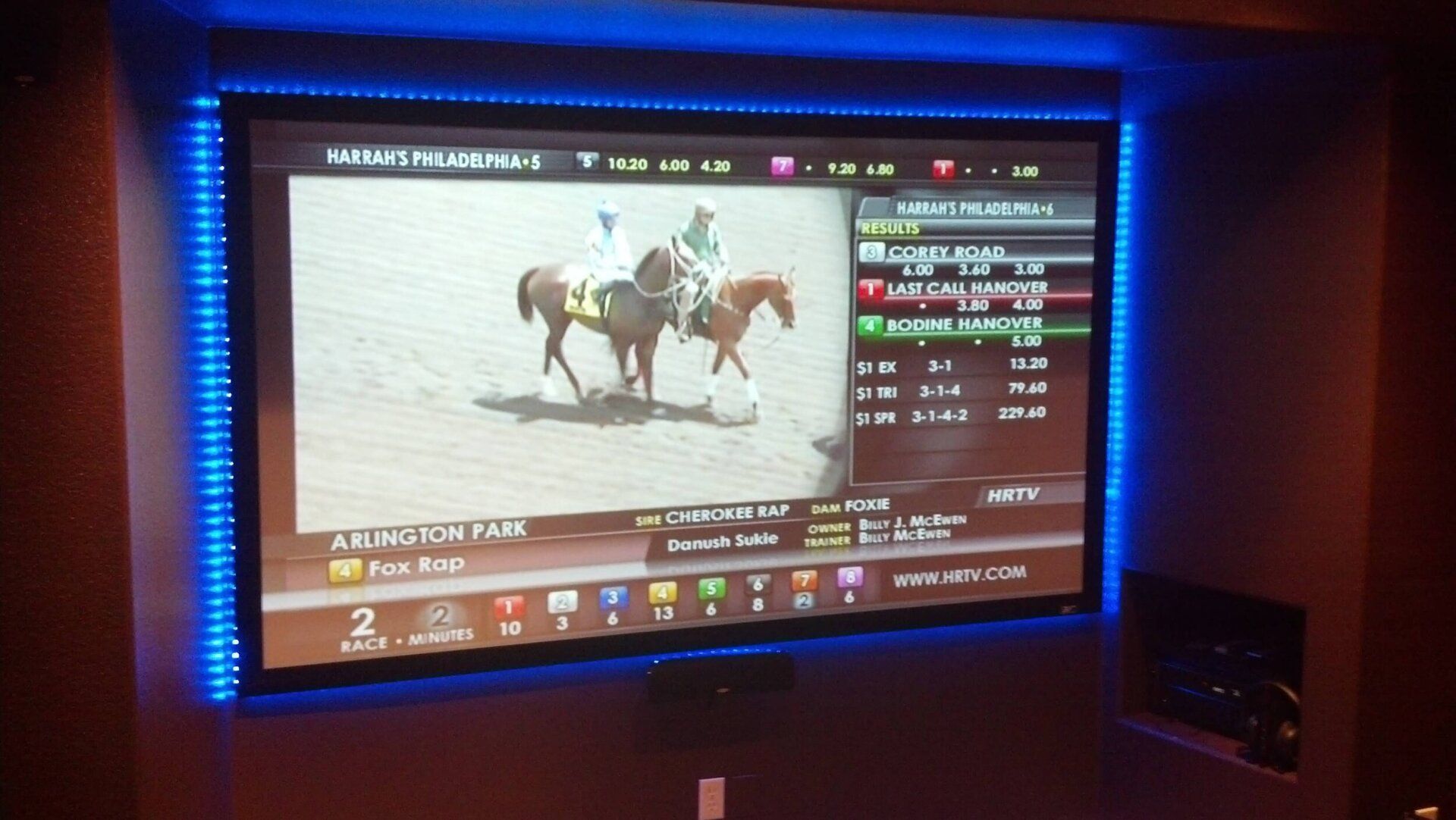 Horse race on a large TV screen in a dim room, with blue LED lights around it.