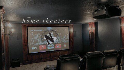 Home theater room with a large projector screen, leather recliners, and dark wood paneling