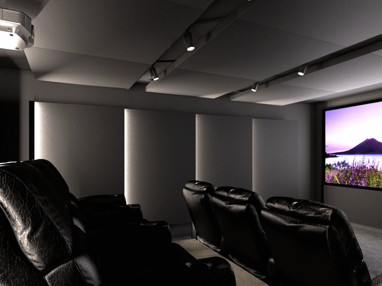Dark home theater with black recliner seats and a large screen showing a scenic landscape