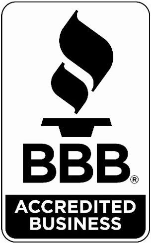 BBB Accredited Business logo with black flame icon and bold text on white background