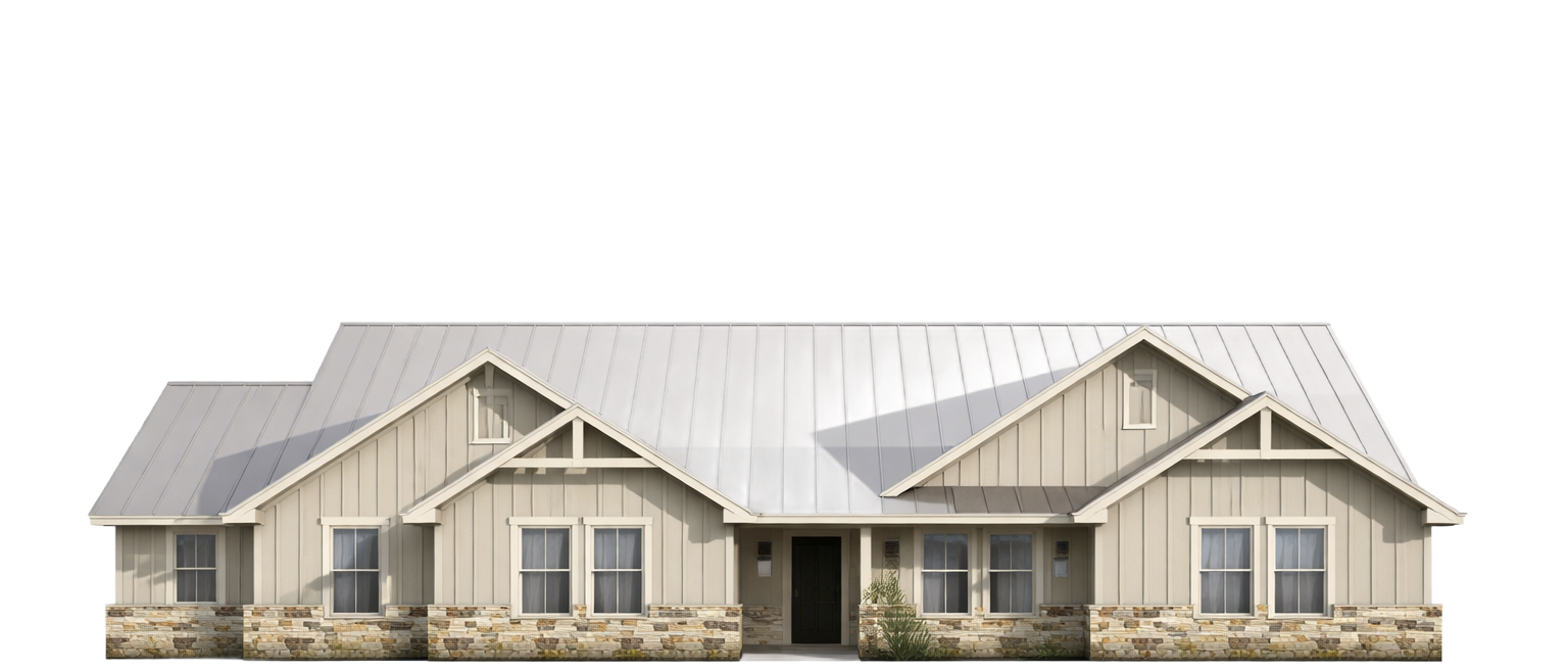 Single-story stone and gray-roof house exterior with a front porch and multiple gables