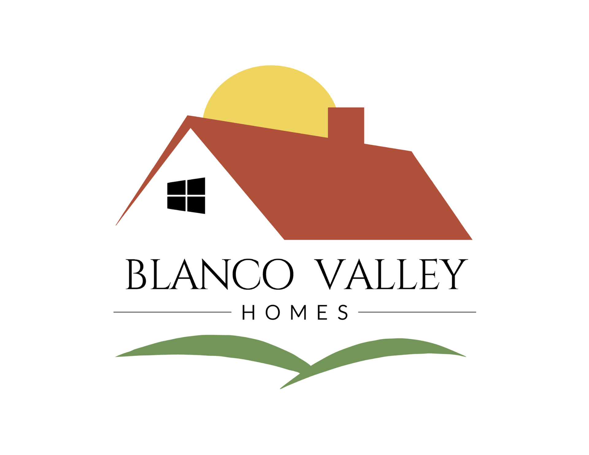 Blanco Valley Homes logo with a red roof house, yellow sun, and green hills
