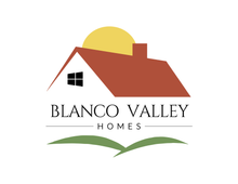 Blanco Valley Homes logo with a red roof house, yellow sun, and green hills
