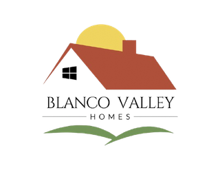 Blanco Valley Homes logo with red-roof house, yellow sun, and green hills
