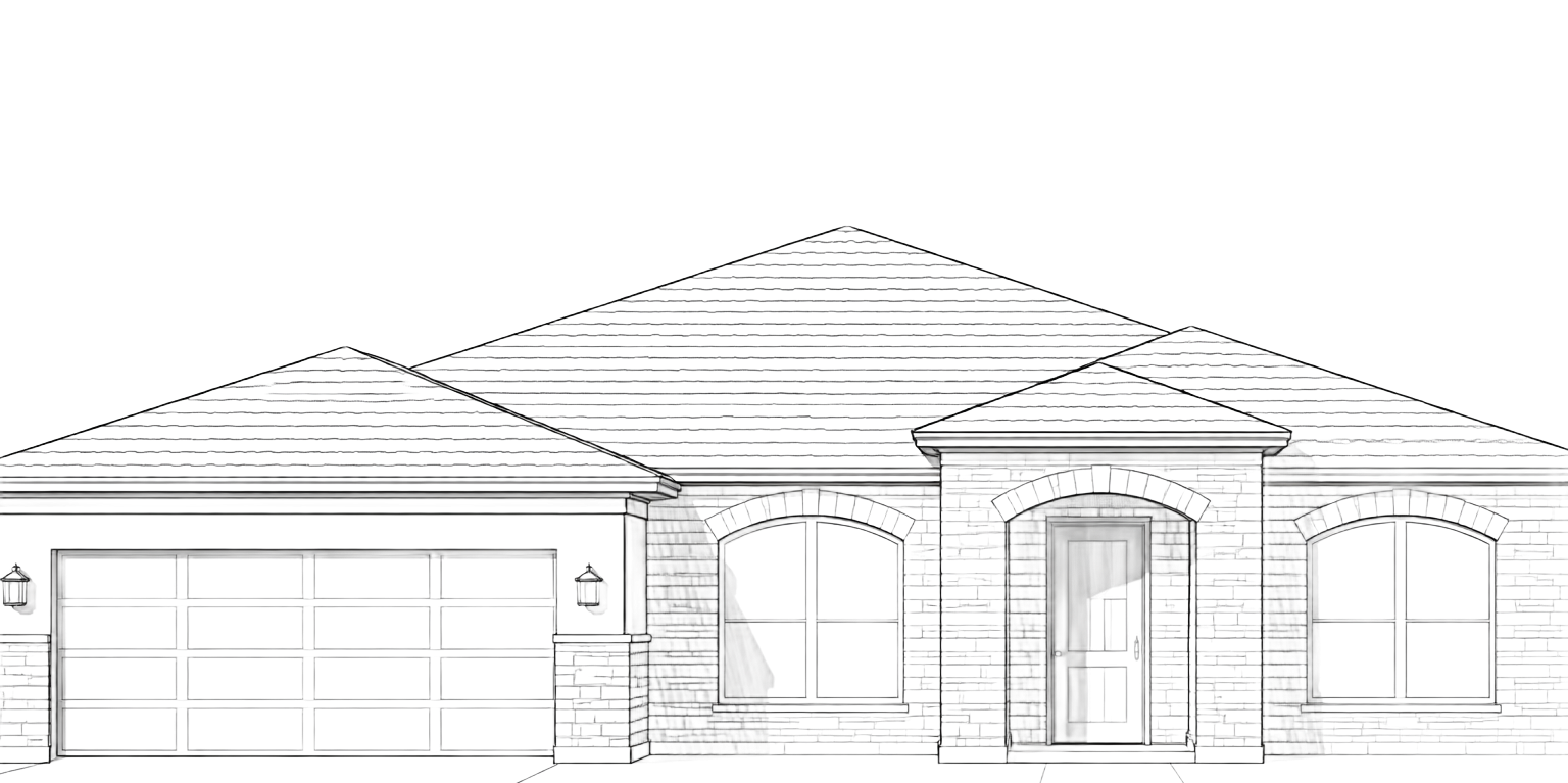 Front elevation architectural drawing of a single-story house with a garage and front porch