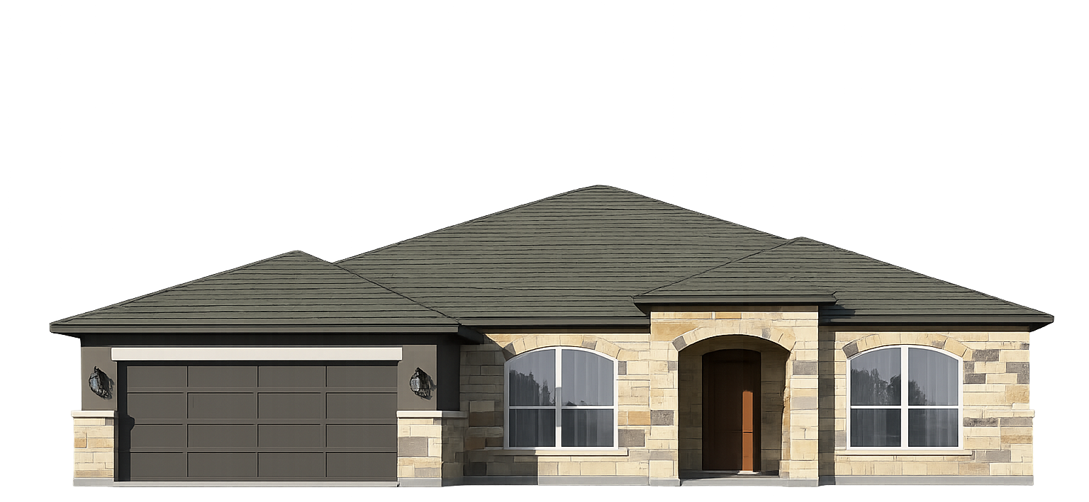 Single-story beige house with a dark roof, stone accents, front porch, and two-car garage