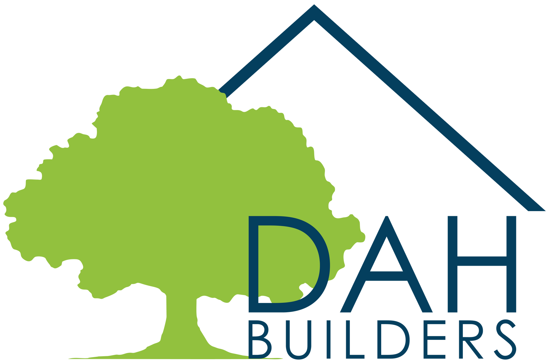 DAH Builders logo with green tree, blue roof line, and navy text on white background
