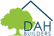 DAH Builders logo with green tree, blue roof line, and navy text on white background