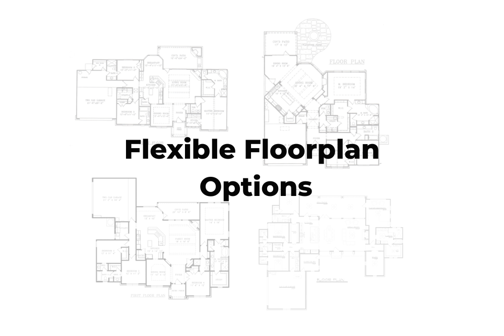Flexible floorplan options over faint architectural floor plans in light gray