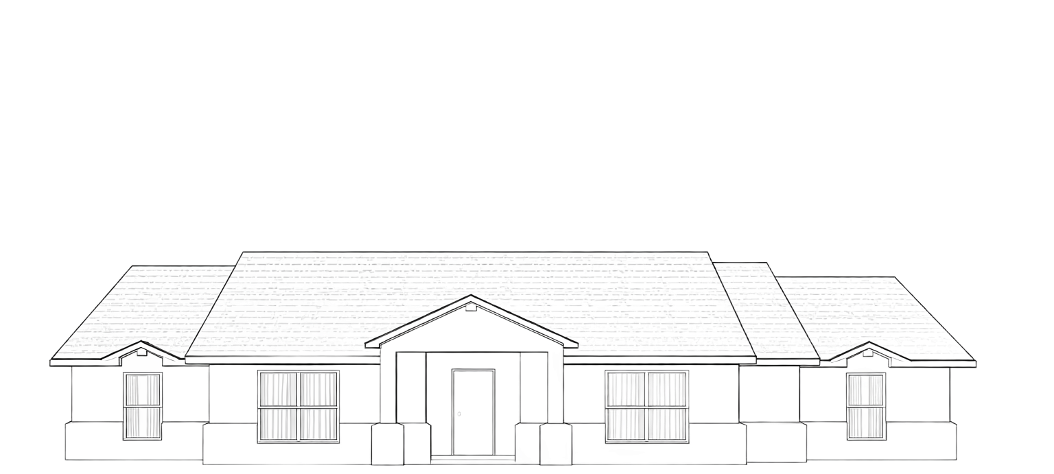 Black-and-white line drawing of a single-story house with a front porch, windows, and gabled roof