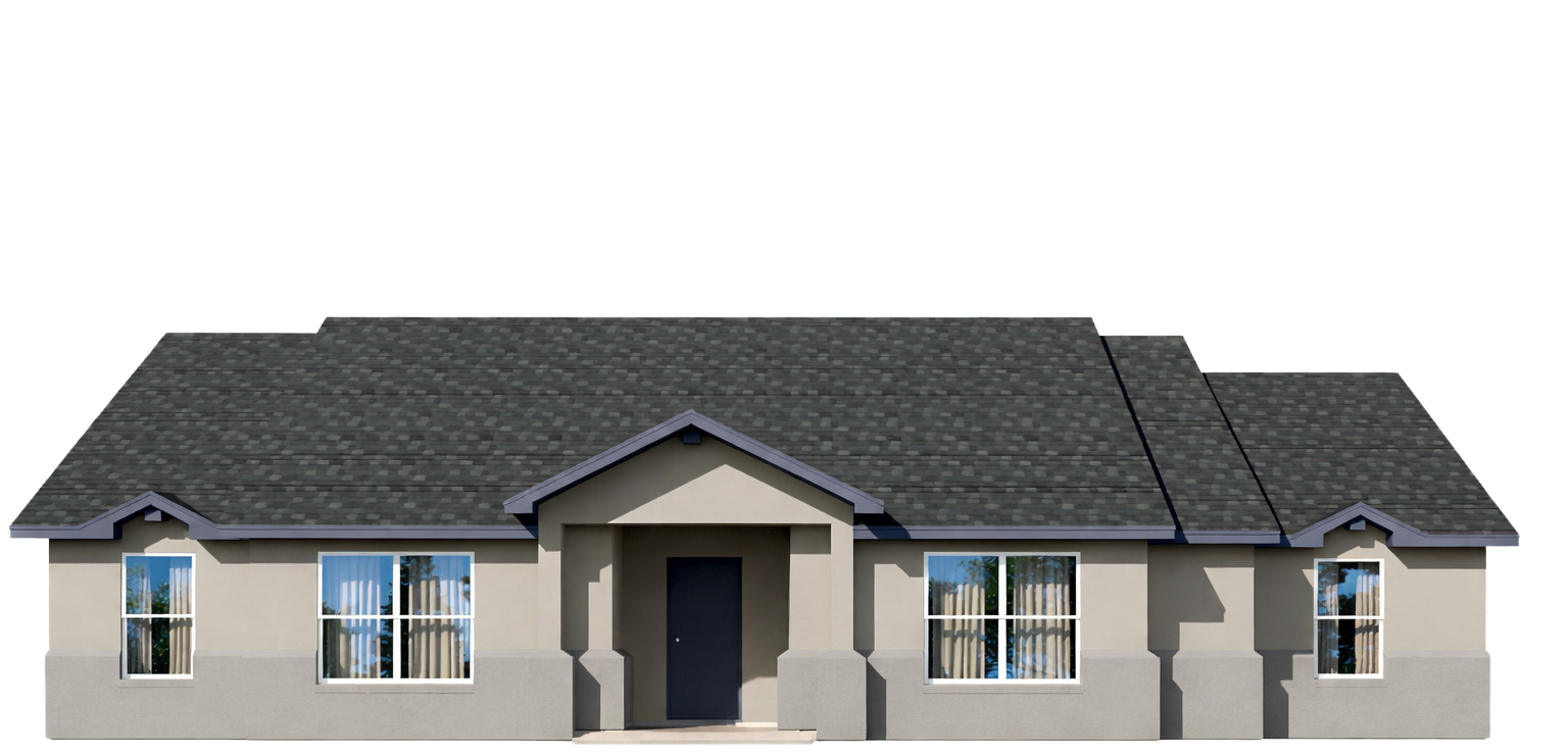 Single-story beige house with dark shingle roof and front porch, centered on a white background