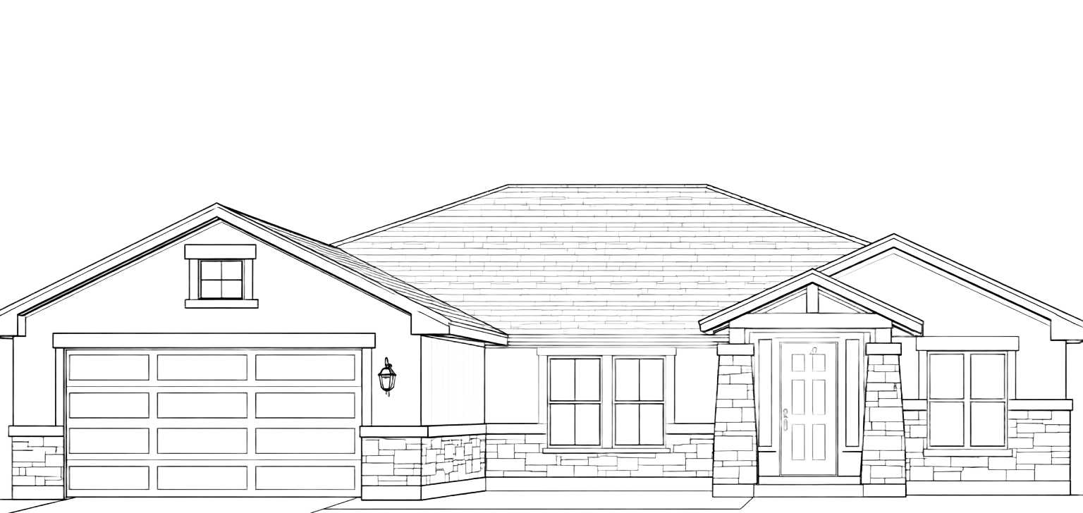 Black-and-white architectural drawing of a single-story house with garage and front porch.