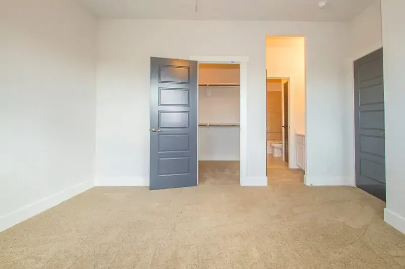 Empty beige-carpeted room with gray doors, a closet, and a bathroom entrance.