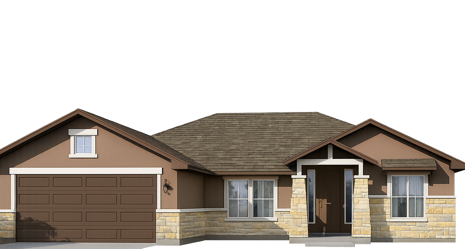 Single-story suburban house with brown roof, garage, and stone-accented front entrance