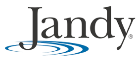 Jandy logo in black with blue wave swoosh under the name