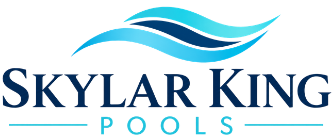 Skylar King Pools logo with blue wave graphic and navy text on white background